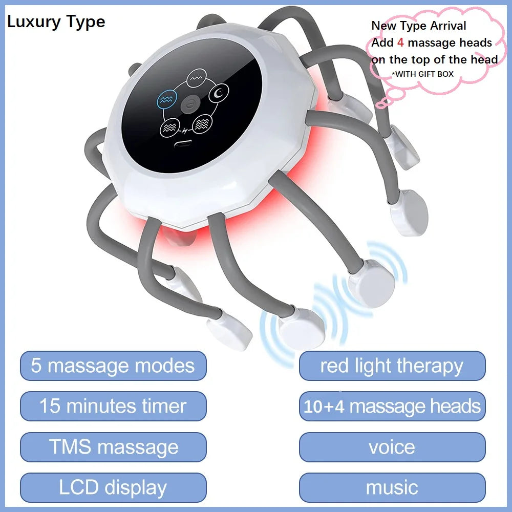 Electric Scalp Massager Head Massager Red Light Vibrator Octopus Head Scratcher for Relaxation Stress Soft Silicone
